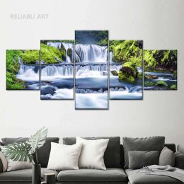 5 Panels Waterfall Green Forest Canvas Painting Landscape Pictures Nature Posters and Prints for Living Room Decoration Cuadros