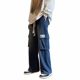 high Street Jeans Men 2024 Summer New Solid Colour Full Length Loose Drawstring Cargo Pants Straight Versatile Denim Trouser Male B7LP#