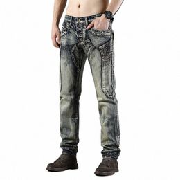 high Quality 2022 Vintage Fi Denim Jeans Straight Designer Blue High-end Locomotive Biker Splicing Fold Spring Men's Pants M3Wa#