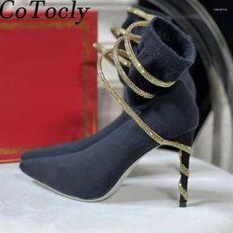 Boots Sexy Black High Heel Sock Women Rhinestone Snake Ankle Strap Knit Short Lady Pointed Toe Stiletto Runway Shoes Woman