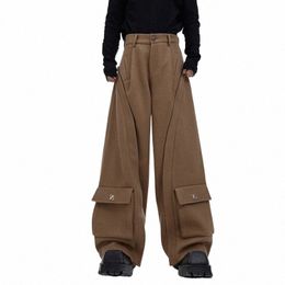 fewq High Street Men's Woollen Suit Pants Thickened Metal Decorati Trendy Straight Male Wide Leg Trousers Pocket Design 9C3782 W4WD#