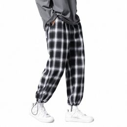 black and white plaid pants men's straight loose couples wide-legged casual all-match Korean drawstring trousers for men 15Kk#