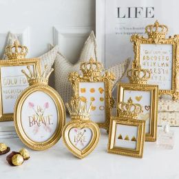 Frame Heartshaped Retro Crown Photo Frame 3 Inch 6 Inch 7 Inch Golden Resin Picture Frame Gift Wedding Baby Photo Frame Desktop Decor