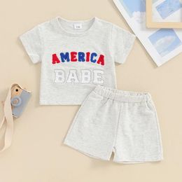 Clothing Sets Toddler Kids Baby Boys Independence Day Outfits Letter Embroidery Short Sleeve T-Shirts Tops Elastic Shorts Casual Clothes