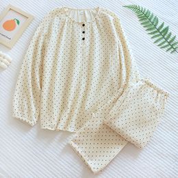 Pijama feminino primavera e verão algodão crepe manga comprida roupa diária outono e inverno versão coreana simples polka dot gaze pulôver roupas para casa