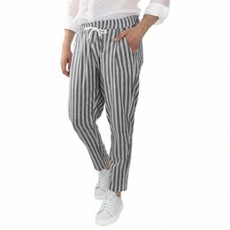 cott And Linen Pants Men's Striped Trousers Loose Casual Summer Breathable Drawstring Elastic Waist Trousers Streetwear 2023 d463#