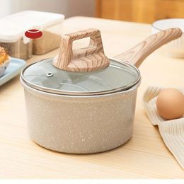 1pc Medical Stone Saucepan, with Wooden Handle, Non-stick Small Milk Baby Food Pot, for Home Restaurant, Kitchen Supplies, Cookware Accessories