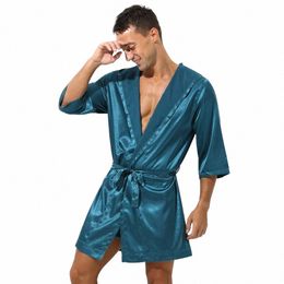 sexy Sleepwear Men Robes Bathrobes Soft Silky Short Sleeve Nightgown Mens Homewear Dring Gown Male Pajamas No shorts 92iD#