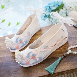 Comemore Hanfu Shoes Embroidered Wedge Shoe Inner Heightincreasing Warped Head Ancient Costume Flats Chinese Pumps 240307