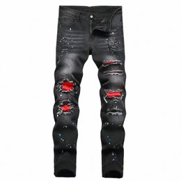 men y2k Stretchy Skinny Denim Jeans For Men Casual pants Ripped Patchwork Hole Slim Fit Denim Hip Hop Black Straight Trousers O8Ec#