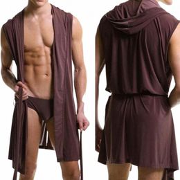 sexy Pyjamas Men Sleepwear Solid Colour Pijama Hombre Hooded Sleevel Thin Bathrobe Men Summer Dr Bath Robe Men Sleepwear F385#