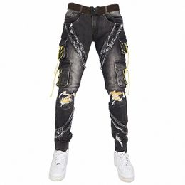 new arrive men's slim ripped jeans high quality string decorati street fi casual pants stylish punk jeans men; K7HV#