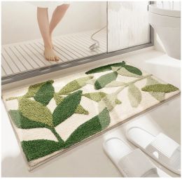 Mats QNBHR Green Leaves Flocking Bath Mat Nonslip Absorbent Microfiber Bathroom Rug Home Entrance Door Mat Super Soft Bath Carpet
