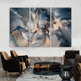 3 Panels Abstract Golden Blue Canvas Paintings Big Size Marble Posters And Prints Wall Art Pictures for Living Room Home Decor