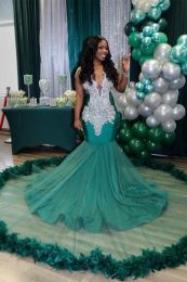 Stunning Hunter Green Mermaid Feather Dresses Sexy Deep V Neck Appliques Beads African Girls Prom Evening Party Gowns Graduation Vestidos Bc16152 329 329