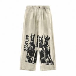 dog Print Wide Leg Pants Mens High Street Wed Distred Spring Autumn Loose Straight Elastic Waist Trousers Men r2Tr#