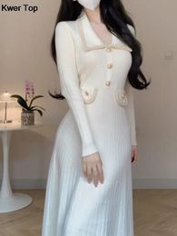 Women Fashion Soft Ribbed Knitting Midi Dress Autumn Winter Long Sleeve Turn Down Collar Button Sweater Clothes Female Jumper 240315