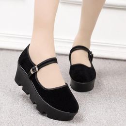 Dress Shoes Women's Pumps Luxury Black Velvet Office Lady Heels Comfortable 4cm Platform 6cm Wedge Women Buckle Mary Jane