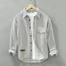 Men's Casual Shirts Korean Fashion Blouse Men Vintage Striped Streetwear 2024 Single Breasted Tops Pocket Shirt Blusas Hommes