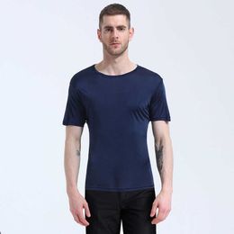 Knitted Silk Mens Short Sleeve T-shirt Breathable and Cool Mulberry Fabric Round Neck Pullover Top (thin in Summer)