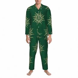 gold Sun Mo Pyjama Set Mandala Green Fi Sleepwear Couple Lg Sleeve Loose Night Two Piece Nightwear Large Size 2XL C8X4#