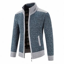 autumn Winter Male Sweater Coat Knit Jumpers Fleece Warm Jacket Korean Mock Collar Patchworked Zip Windbreaker Men's Overcoat 22fM#