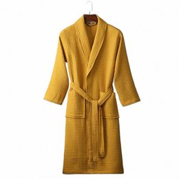 lg Waffle Bathrobe Unisex Men's V Neck Lace-up Nightgown with Pockets Loose Lg Sleeve Sleepwear Towel Bathrobe for Hotel K1XG#