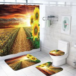 Shower Curtains Sunflower Yellow Petal Curtain Set Non-slip Toilet Mat Home Decoration