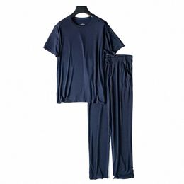 2024 Men's Casual Modal Pyjamas Sets Soft Two-piece Short Sleeved and Pants Sets Loose Breathable Home Wear Suit Sleepwear Sets Y5C4#