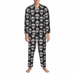 pajamas Black White Skull Bedroom Sleepwear Sugar Skulls 2 Pieces Loose Pajamas Set Lg-Sleeve Comfortable Oversized Home Suit 27hI#