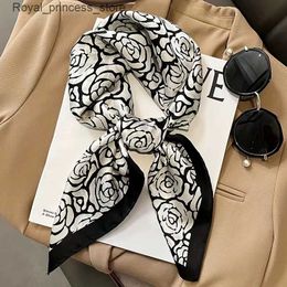 Scarves Black and white rose printed square scarf with retro style thin silk neck scarf spring outdoor sunscreen headscarf Q240326