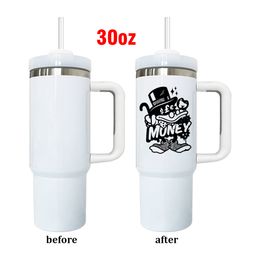 White H2.0 30oz blank sublimation double walled stainless steel coffee mugs with lid and straw personalised logo design in stock 25pcs/case