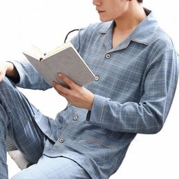 new Pyjama For Men Lounge Sleepwear Pyjamas Plaid Printing Spring Autumn Men Lg Sleeve Home Clothes 2 Pieces Man Pyjamas Set t2rh#