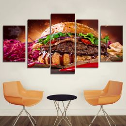 5 Panel Cheesy Beef Burgers HD Pictures Canvas Painting Delicious Fast Food Hamburger Posters for Dinning Room Wall Decor Quadro