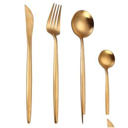 Dinnerware Sets 304 Stainless Steel Tableware Golden Knife Fork Spoon Set Nordic Steak Dessert Drop Delivery Home Garden Kitchen Dini Otkbl