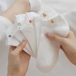 Women Socks 4 Pairs White Sports Cotton Low Cut Embroidery Fruit Cute Short Tube Ankle Boat Pack Set