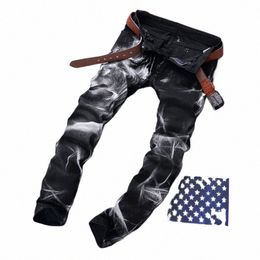 fi Wolf Head Print Pattern Straight Leg Black Jeans Pants for Men Denim Slim Fit Cowboys Trousers Young Man Jogging Pants 1633#