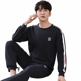 l-4xl 100% Cott Breathable Sleepwear Suit Casual Loose Letter Print Men's Pyjama Sets Korean Style Spring Autumn Pijama Hombre Y0zZ#