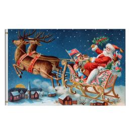 Accessories Merry Christmas Flag Winter Holiday Vintage Santa Sleigh Deer Flying Snow Village Night Flags Banner Indoor Outdoor Party Decor