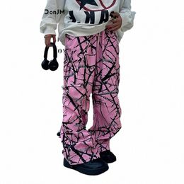 pink Thorn Branch Printed Pants Camoue Casual Pants Japanese Streetwear Trousers Harajuku Cargo Pants Men e0aL#