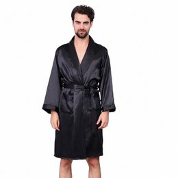 2024 Men's Night Robe Kimo Bathrobe Gown with Pocket Comfy Silk Satin Lg Sleeve Thin Sleepwear Spring Summer Lounge Homewear L5UH#