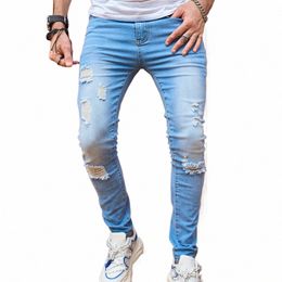 stylish Streetwear Men Skinny Jeans Pants Holes Solid Casual Slim Male Denim Trousers R0zH#