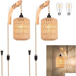 Illuminazione di sicurezza Plug In Applique da parete Set di lampada Boho in rattan a due mani con decorazioni in tessuto a corda Appese Luci di consegna a goccia Otdml per esterni