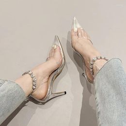 Dress Shoes 2024 PVC Transparent Women Pumps Summer Fashion Design Crystal Diamond Chains Ankle Strap High Heels Wedding Prom Shoe