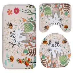 Mats Honlaker Hello Rabbit Flannel Absorbent NonSlip Mat Bathroom Toilet Mats Set Bath Rugs Toilet Covers