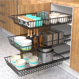 Baskets Black DIY Cupboard Basket Track Slide Rack Kitchen Storage Shelf Organizer Drawer Transformation Stainless Steel Wardrobe Basket