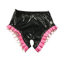 Sissy Sexy Lingerie Exotic PVC Shiny Open Crotch Panties Ruffles Patchwork Briefs Glossy Faux Leather Crotchless Underwear 7XL 240311