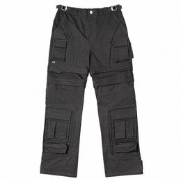 fewq Men Cargo Pants American Style Multi Pocket Detachable Workwear Trendy 2023 Solid Color Wide Leg Male Trousers 24X1606 R0cC#