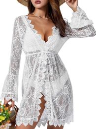 Women's Swimwear Womens sexy lace swimsuit top womens hollow outer crochet bikini top floral V-neck mini dress beach suit 240326