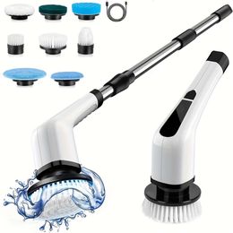 Cordless Electric Rotary Scrubber with 7 Brush Heads Adjustable Extension Handles Perfect for Cleaning Bathroom Floors and Kitchen Tiles - Up to 90 Minutes of